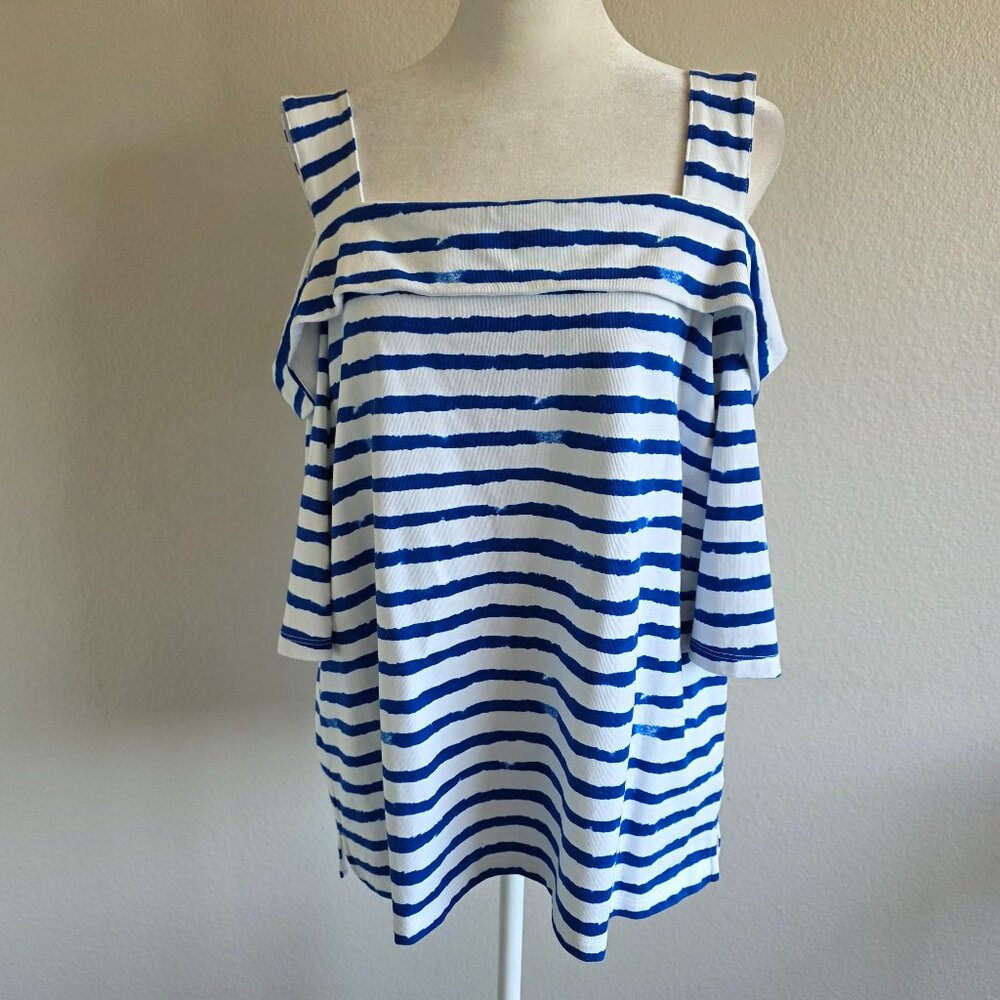 Lauren Ralph Lauren Top Blue White Stripe Cold Shoulder Stretch Women Size XL L